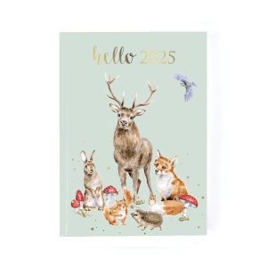 Forward facing studio image of Wrendale 2025 A5 Woodland animals Desk Diary on pastel green with toadstools.