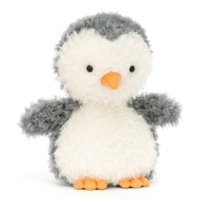 Front facing studio shot of Jellycat Little Penguin, black and white with soft fur and an orange beak and feet.